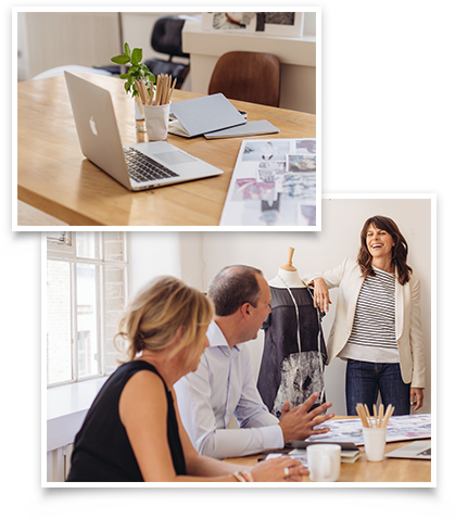 collage of people discussing a dress and a laptop on a desk with fashion sketches